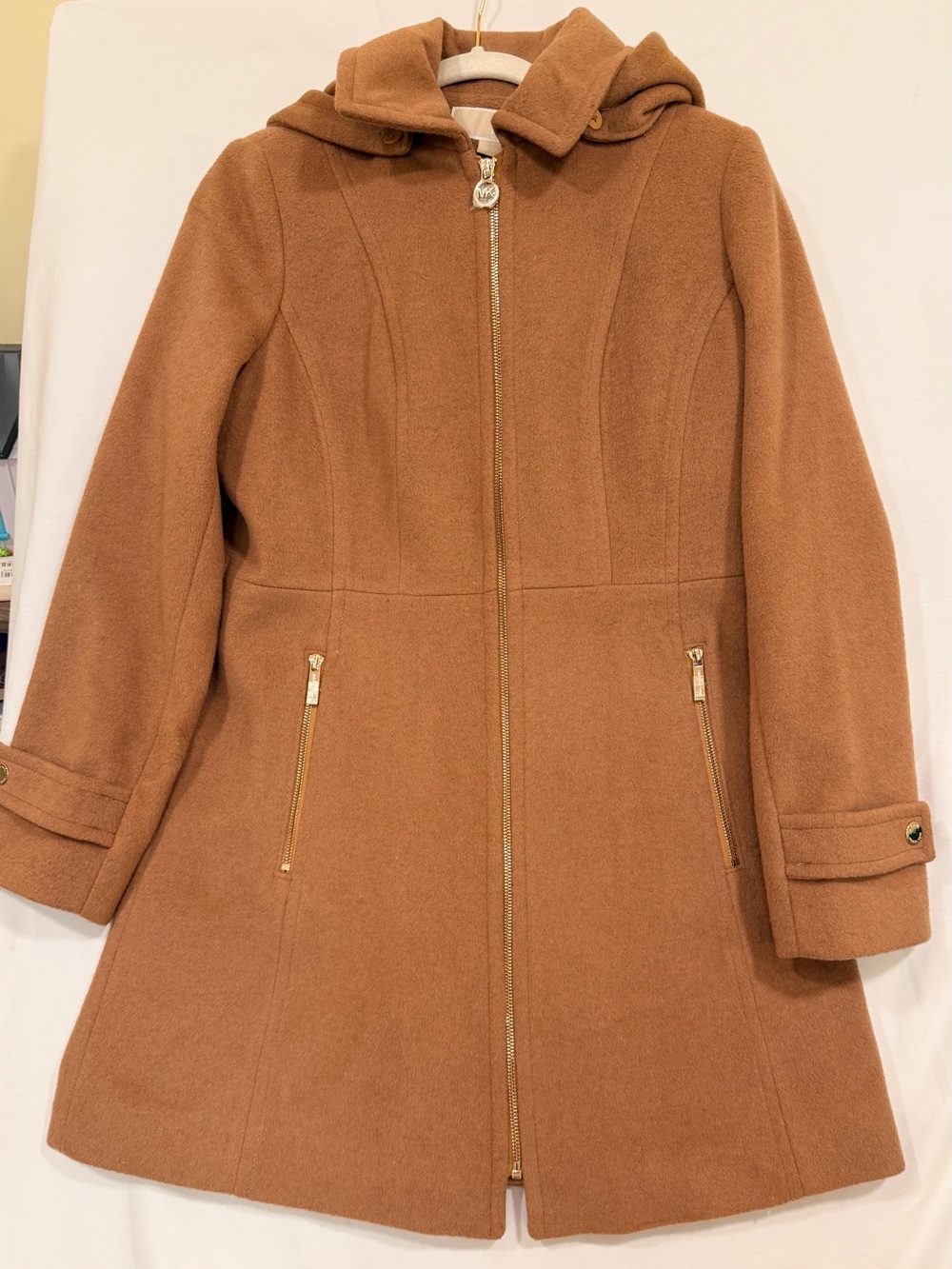 Michael Kors Camel Hooded Wool-Blend Pea Coat with Gold Zipper